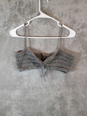 Handmade Crocheted Gray Crop Top - Juniors Petite Spaghetti Strap Bralette
